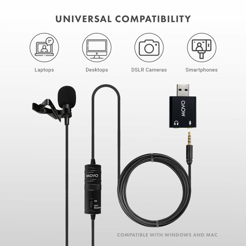 Movo LV1-USB Lavalier Microphone for Camera, Lapel for iPhone and Android Smartphones, Body Lav Mic, Clip On Microphone for 3.5mm, Shirt Lapel Mic for Phone, GoPro, Interview, Computer, PC - Image 3